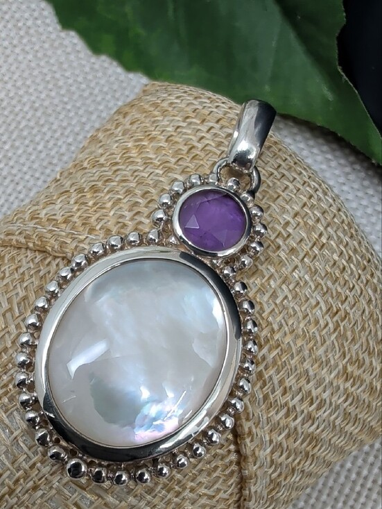 Whitney Kelly Jewelry - Vintage Whitney Kelly 925 Sterling Silver Mother of Pearl Amethyst Pendant